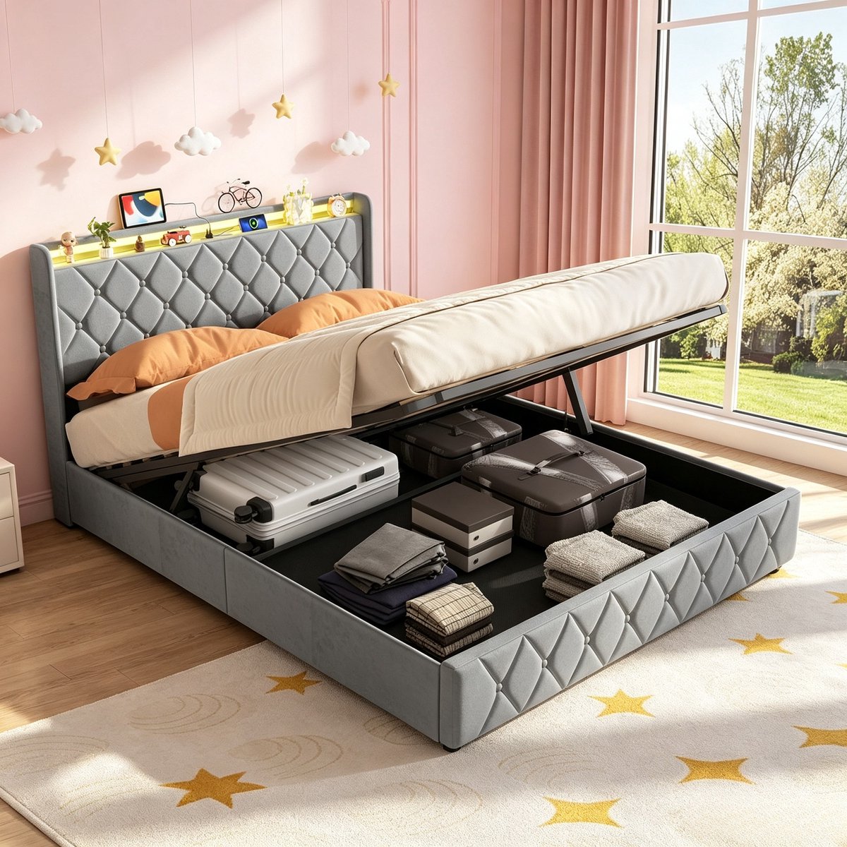 ROSAHQNDA Volwassen bed 140x200 cm, tweepersoonsbed met hydraulische opbergruimte, fluwelen hoofdbord met opbergvakken, gewatteerd donkergrijs, zonder matras