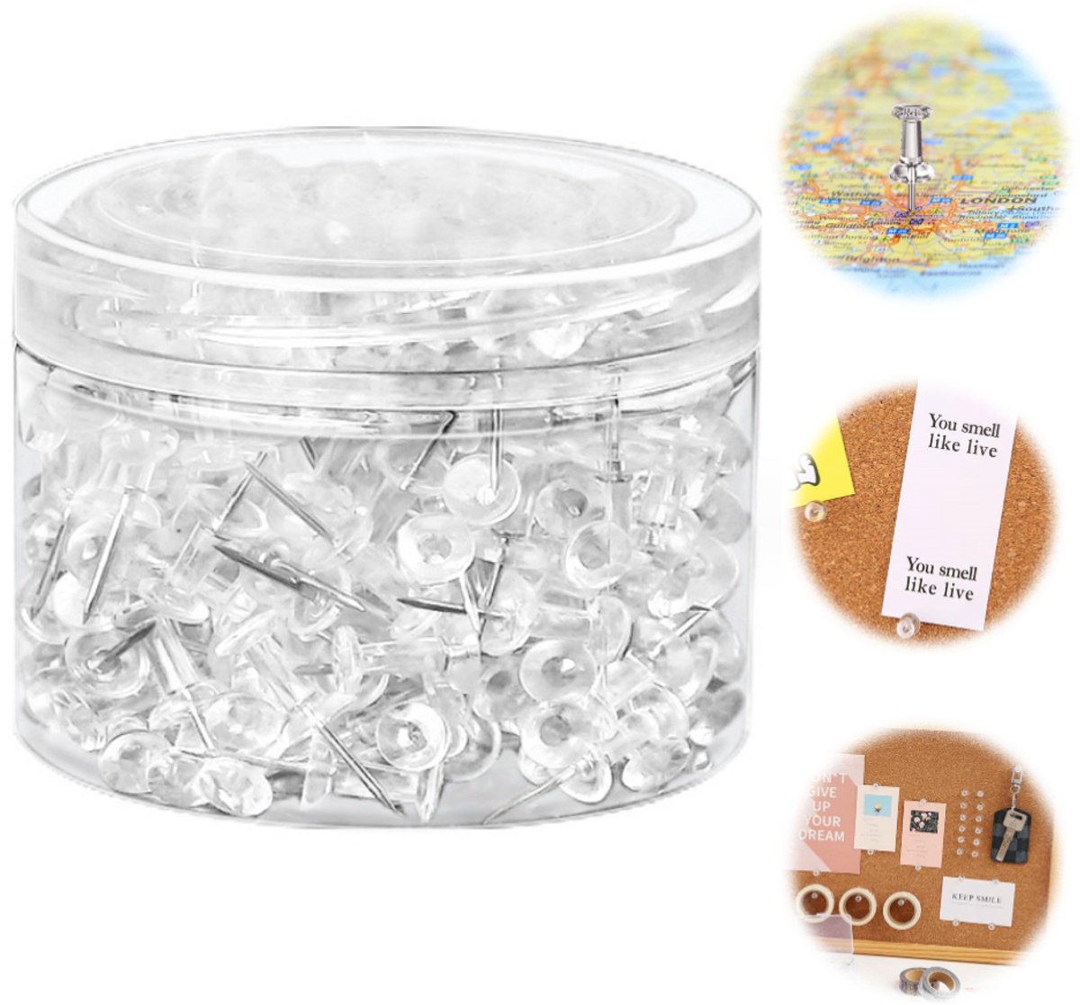 Set van 100 – Transparante punaises – Prikkers – Planner-accessoires – Bureau-artikelen – Stalen punten – Geschikt voor prikborden, kurkborden, thuis, kantoor,school