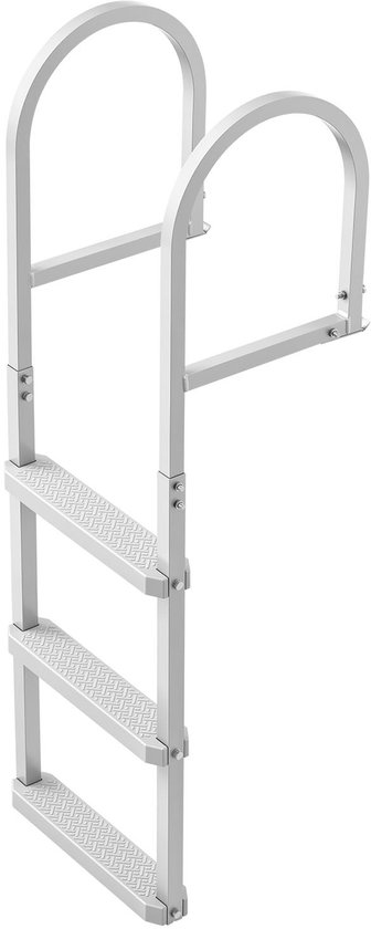 Zilverkleurige aluminium ladder met drie antislip treden en gebogen handgrepen voor aanlegsteigers.