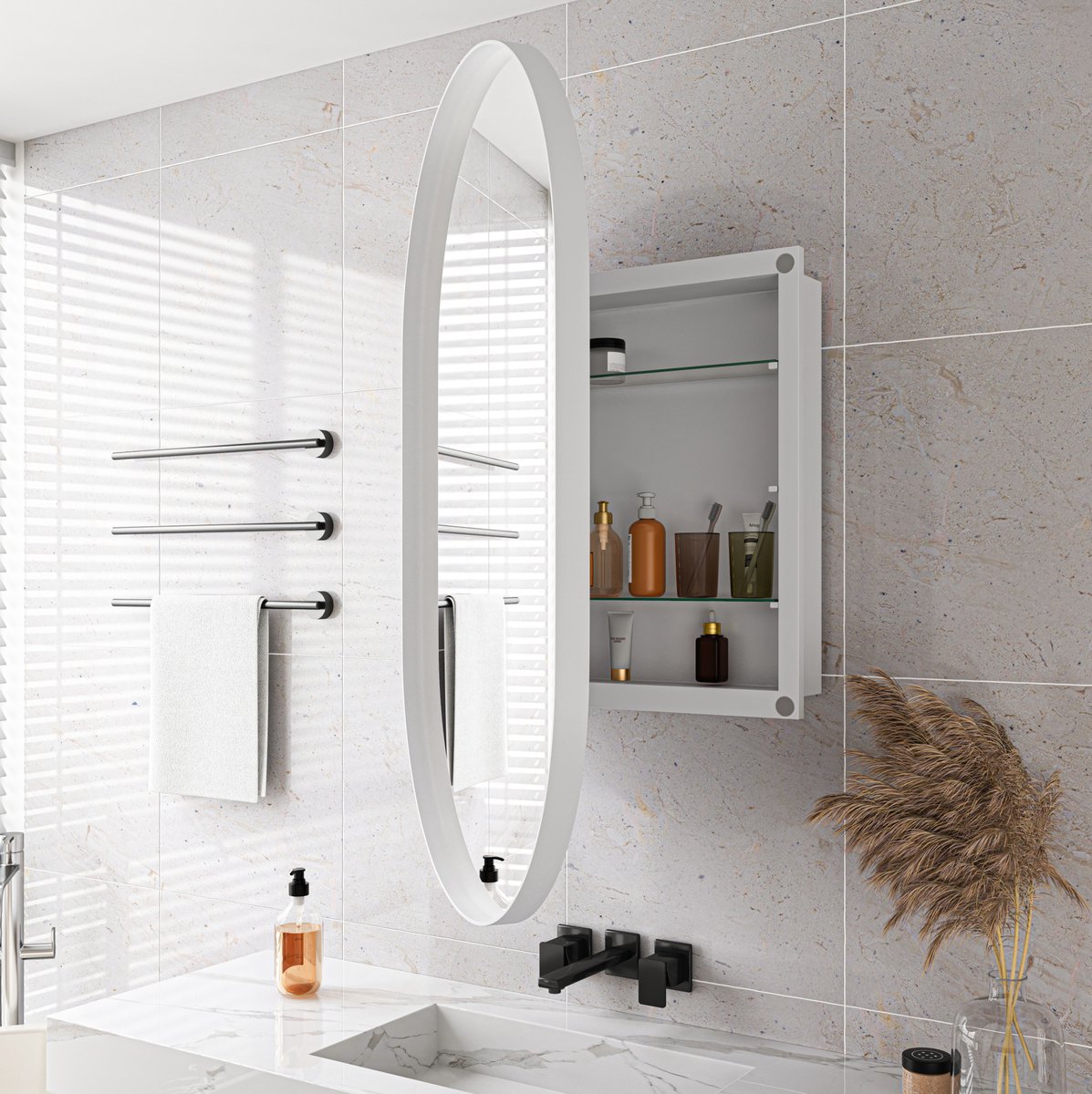 MEUNIQ Ovale spiegelkast 85 x 51,5 x 12 cm met metalen frame, 2 verstelbare glazen planken en spiegel voor badkamer, wandmontage of inbouw, wit