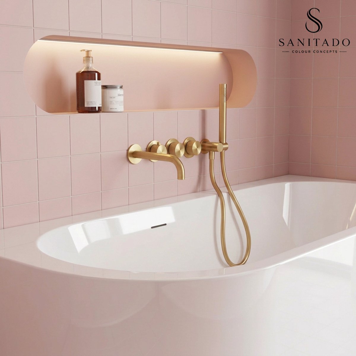 Complete 3-knops inbouw badkraanset Sanitado Fancy in mat goud