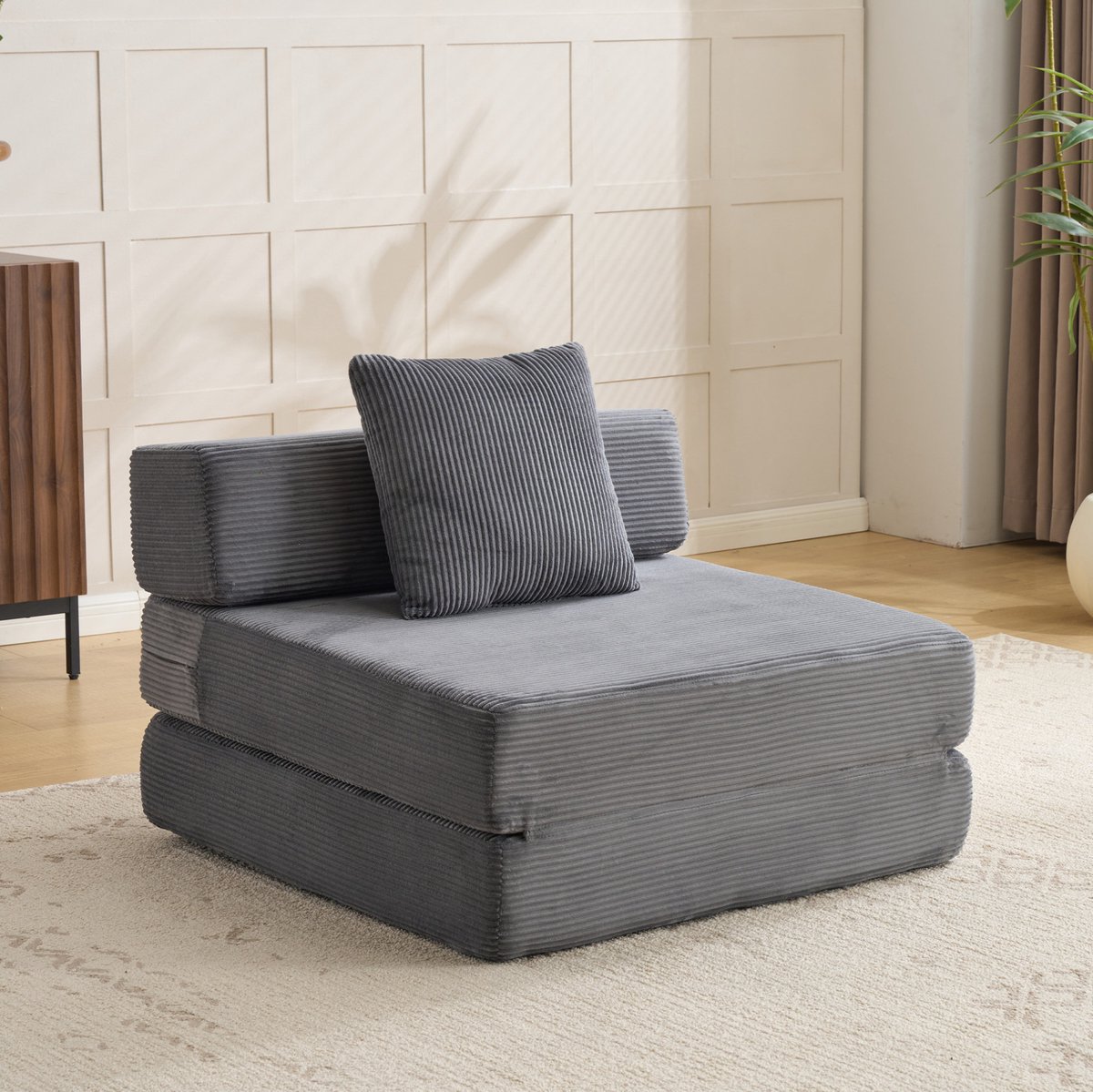 OKWISH Slaapbank 1-Zits - Opklapbare Vloerbank Met Kussen En Slaapfunctie - Voor Woonkamer En Slaapkamer - Ribfluweel - Donkergrijs
