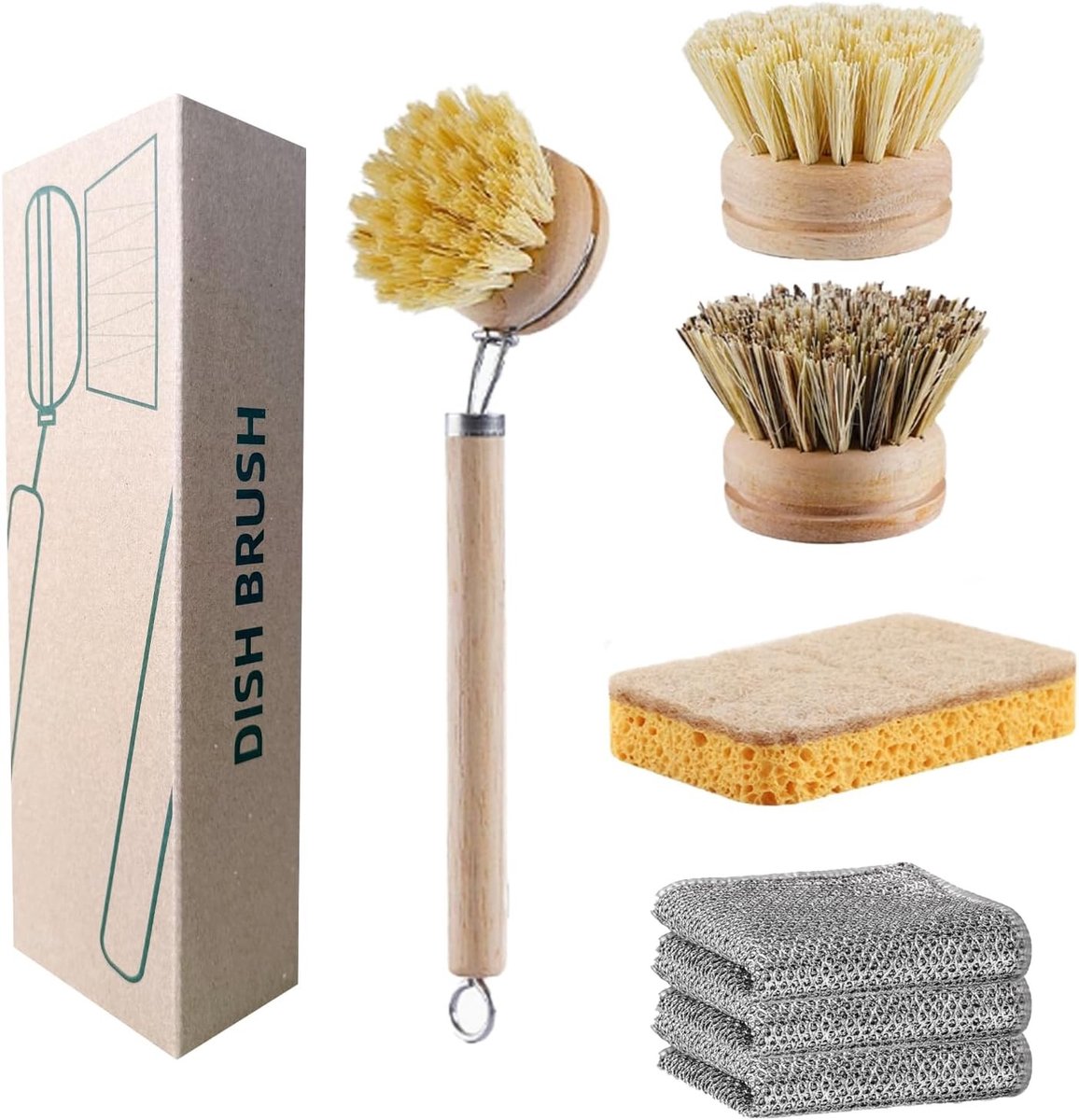Duurzame Afwasborstels met Houten Handvat, 3 Vervangbare Koppen, Spons en 3 Keuken Doeken, Natuurlijke Sisal Haren voor Milieuvriendelijk Afwassen