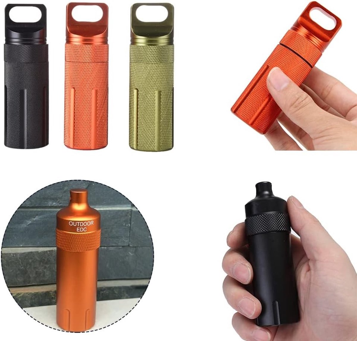 Overlevingscapsule Pillen Dispenser - Waterdicht, Ronde Hoofd, Oranje - Ideaal voor Camping, Wandelen en Noodsituaties