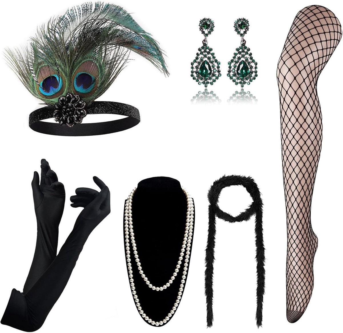 1920s Flapper Gatsby Kostuum Accessoires Set met Vintage Hoofdband, Oorbellen en Handschoenen voor Feestjes en Themapartijen