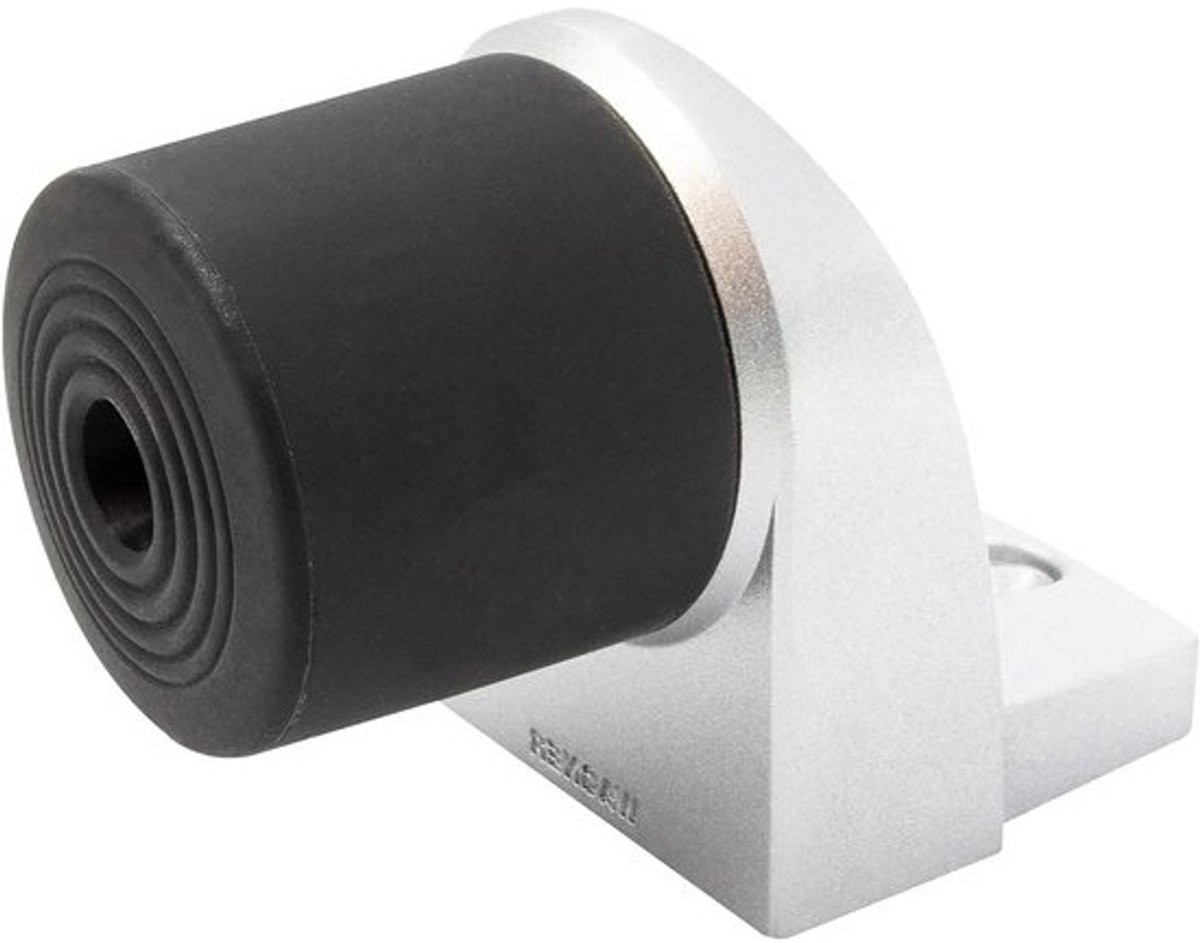 Vloer deurstopper - 94 x 52 x 68 mm zamakspuitgietwerk in aluminium optiek thermoplastische rubberbuffer zwart voor schroefbevestiging incl. bevestigingsmateriaal - 15500101