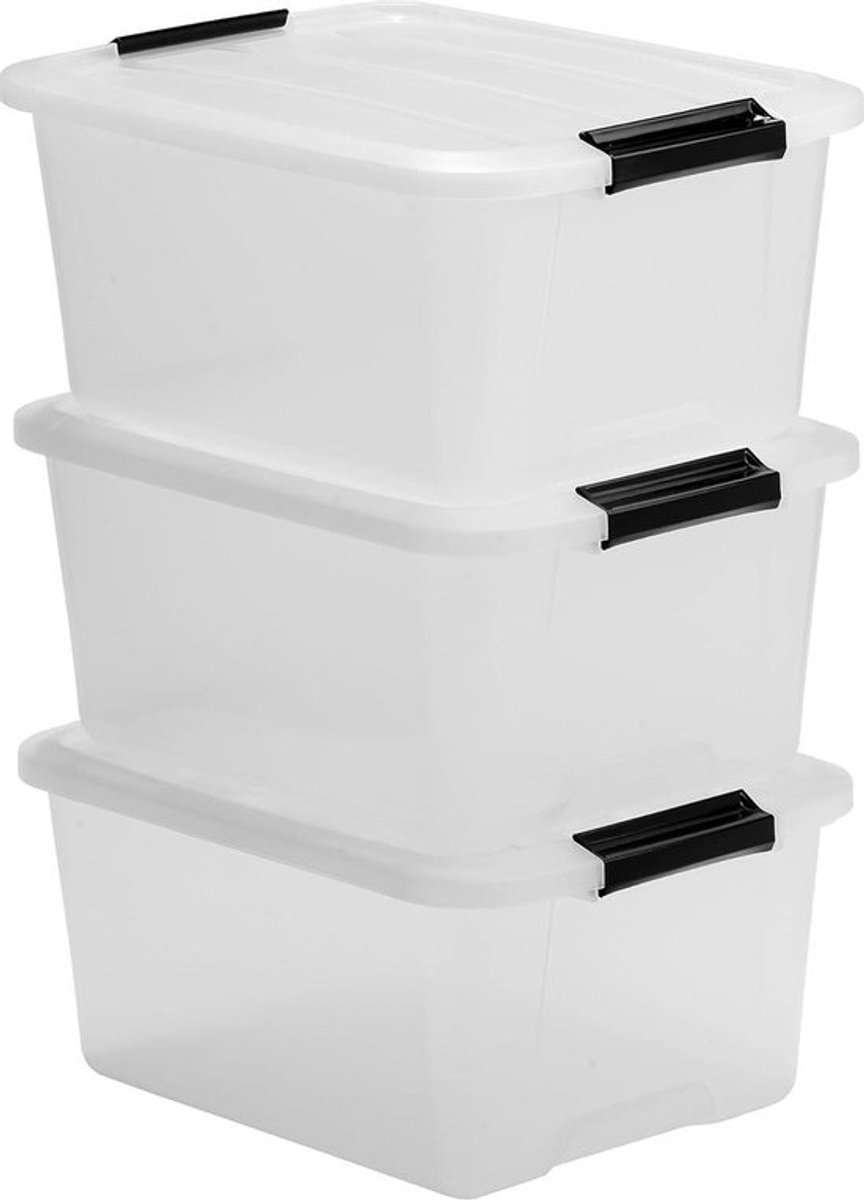 Set van 3 opbergdozen 15 L met clips stapelbaar - voor woonkamer slaapkamer Garage - B39 x D285 x H18 cm - TB-15 - Transparant supply bin