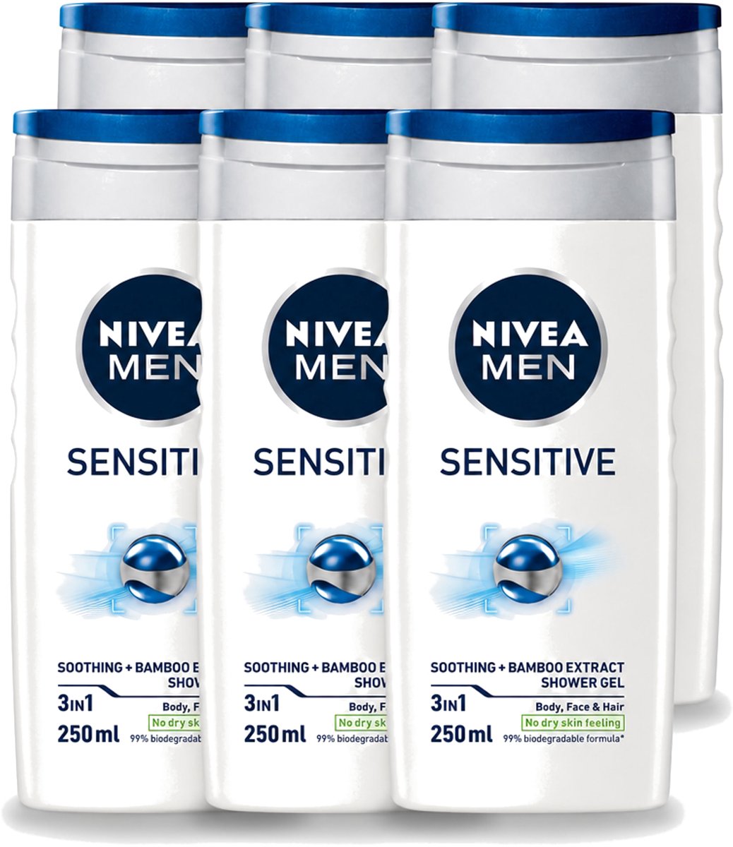 6 x Nivea - Men - Sensitive Douchegel - Hydraterend - 250 ml - Voordeelverpakking - 6 stuks