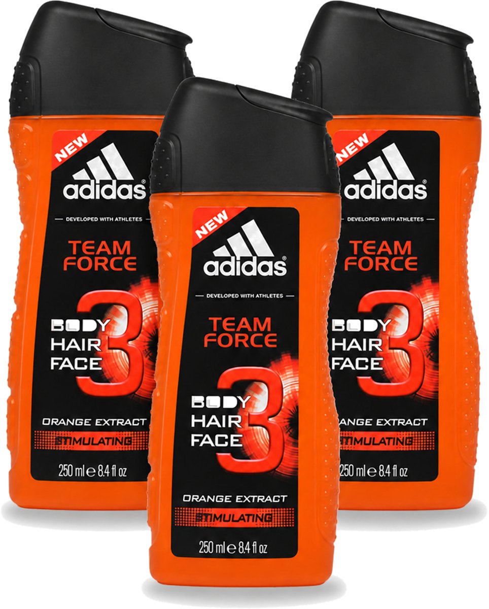 3 x Adidas - 3-in-1 Douchegel - Team Force - Sinaasappel Extract - Stimulating - 250 ml - Voordeelverpakking - 3 stuks