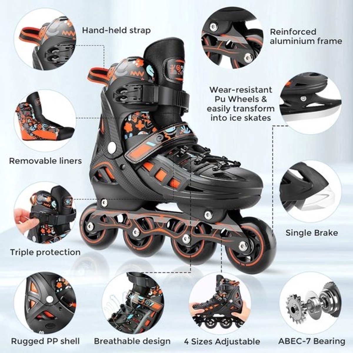 Verstelbare 2-in-1 Inline Skates voor Kinderen en Volwassenen - ACEB7-lagers