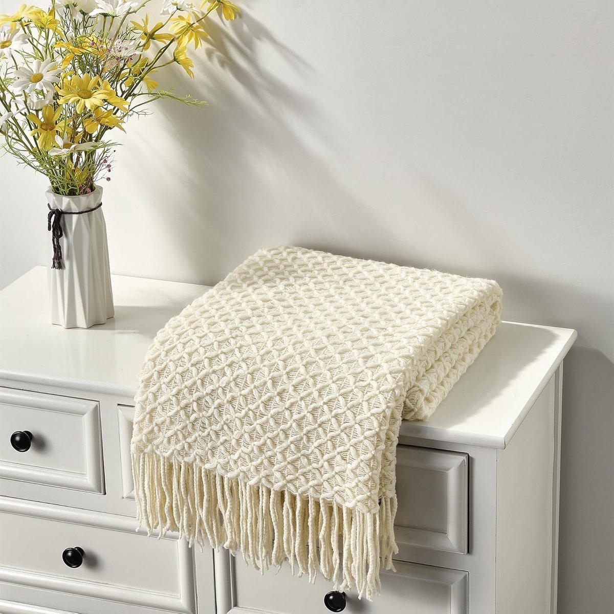 Landhuisstijl, boho, gebreide deken voor bank, fauteuil, bed, woonkamer, decoratie, zacht, warm, gezellig, lichtgewicht, voor lente, zomer, herfst, 152 x 203 cm, beige