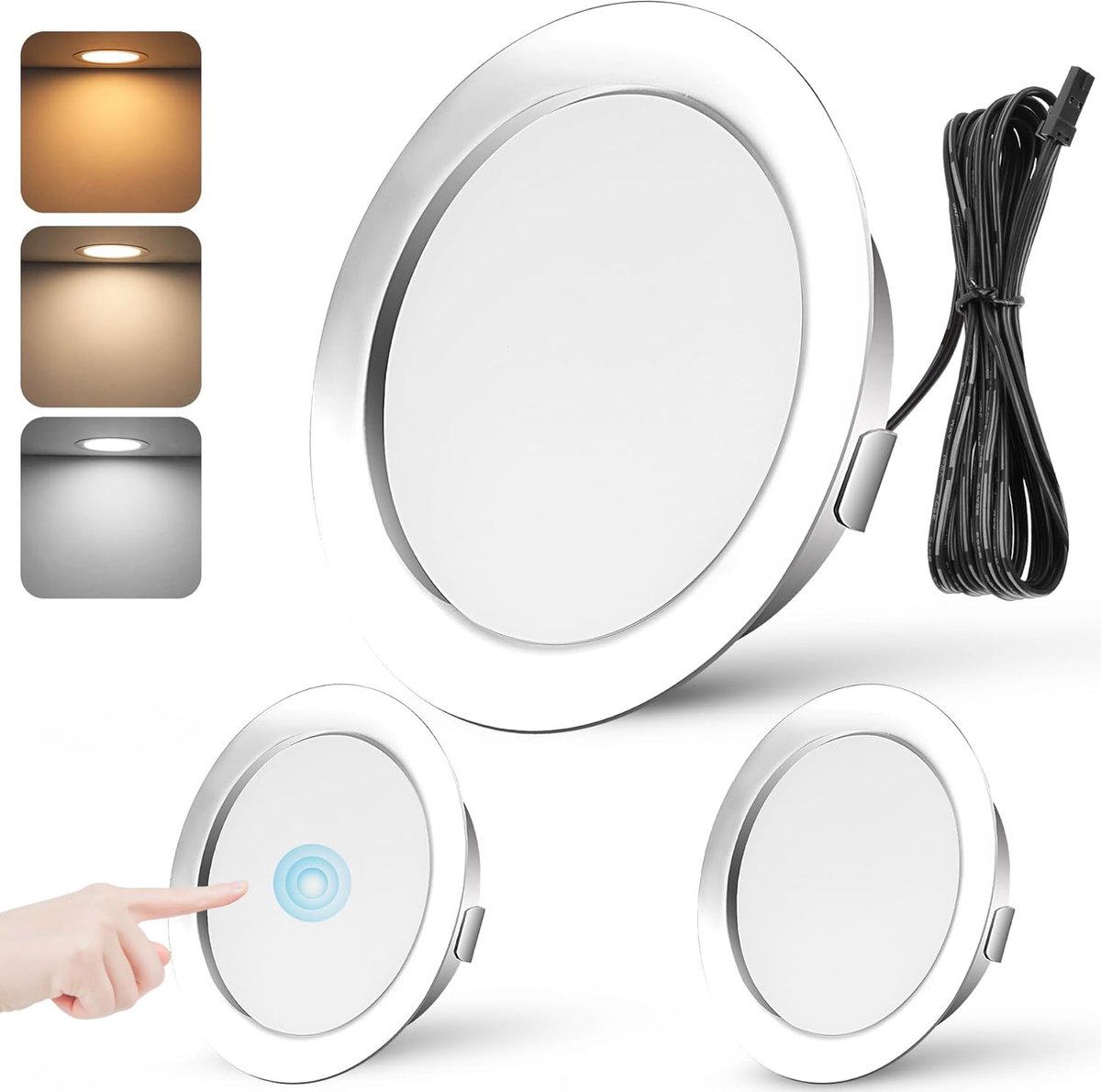 Set van 3 led-inbouwspots, 12 V, dimbaar, 55-58 mm, 3 W, ultra platte ledspots, 12 V, 3000 K, 4000 K, 6000 K, plafondspot, inbouwverlichting, keuken, meubels, inbouwspots, spot, 12 V, met 2 m