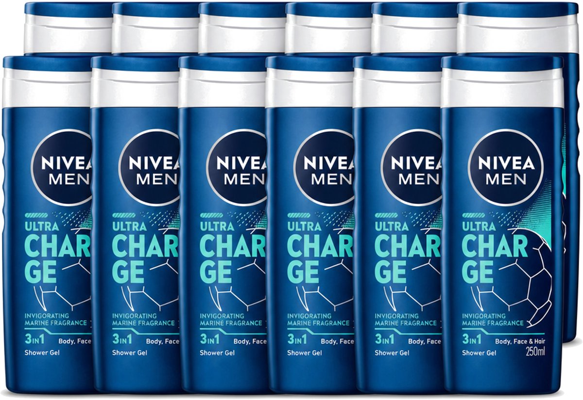 12 x Nivea Men – Douchegel – Ultra Charge – 250 ml - Voordeelverpakking - 12 stuks