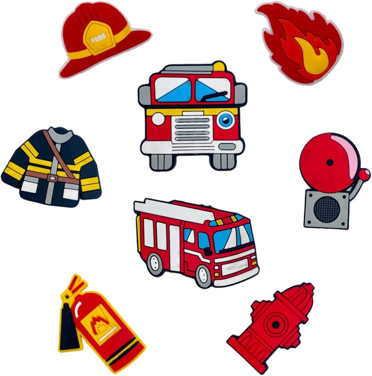Bedels voor jongens, brandweerschoendecoratie, 8 stuks brandweerdoppen, brandweerpakken, brandweerpakken, brandweerschoenen, bedels voor jongens en meisjes, feestgeschenken, Eén maat