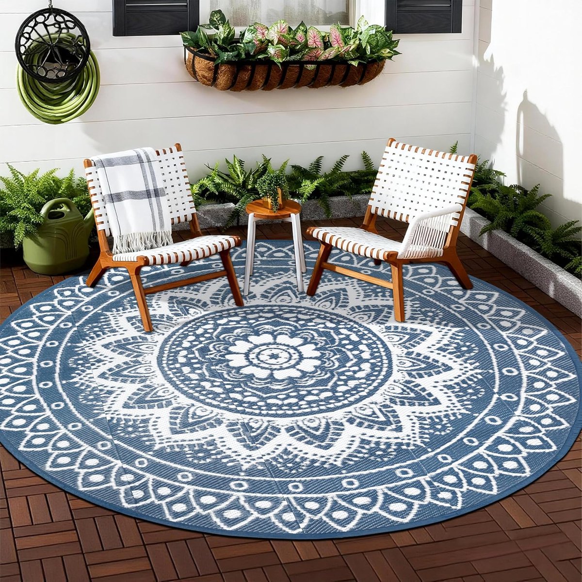 Buitenkleed voor het terras, 240 cm, omkeerbaar, waterdicht en opvouwbaar Picknick- en kampeerkleed voor campers, balkons, het strand en terrassen, Blauw-wit