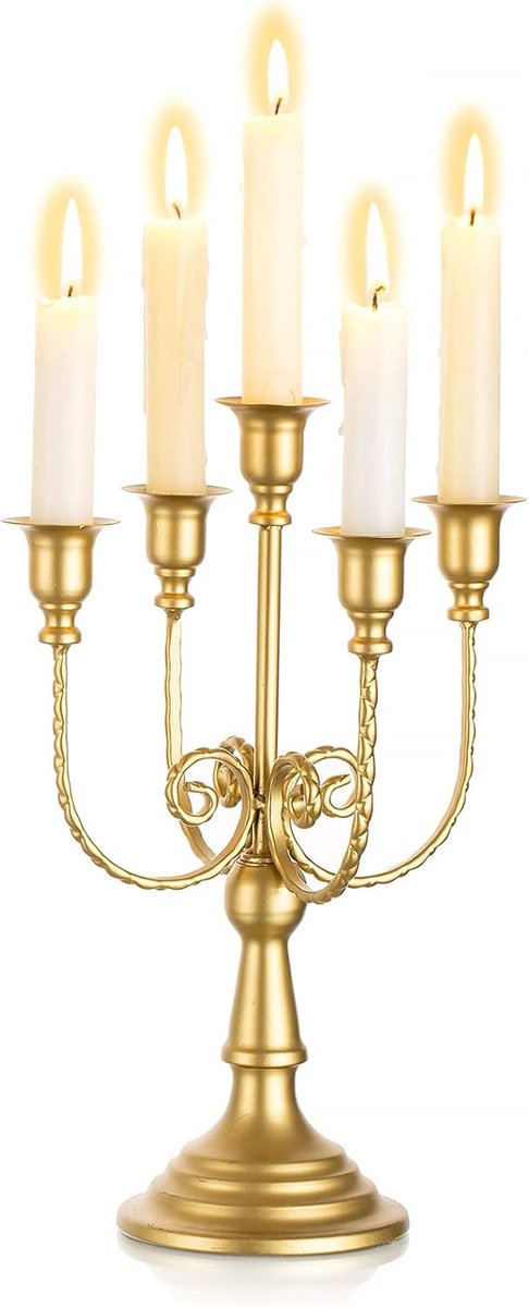Gouden metalen kandelaar kandelaar - 29,5 cm hoge kandelaar houders 5-armen kaars stok staat voor taps toelopende kaarsen voor kaarslicht diner tafel centerpieces kerst schoorsteendecoraties