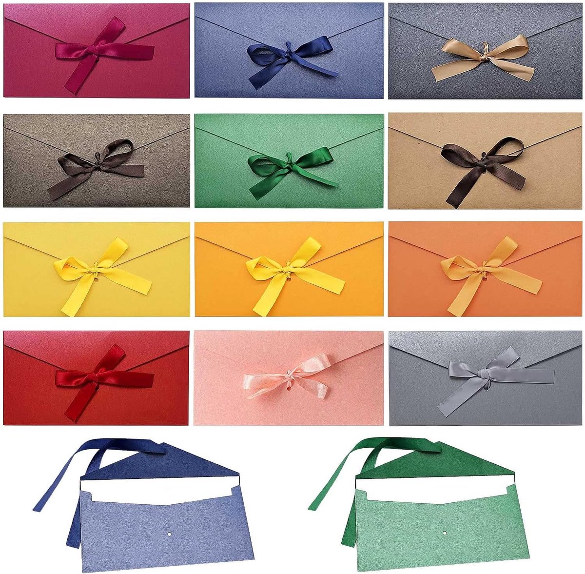 12 stuks, kleurrijke retro kraftpapier, enveloppen met linten, 22 x 11 cm, gekleurde enveloppen met strik, kleurrijke enveloppen voor Thanksgiving, bruiloft, verjaardagsfeest, Kerstmis