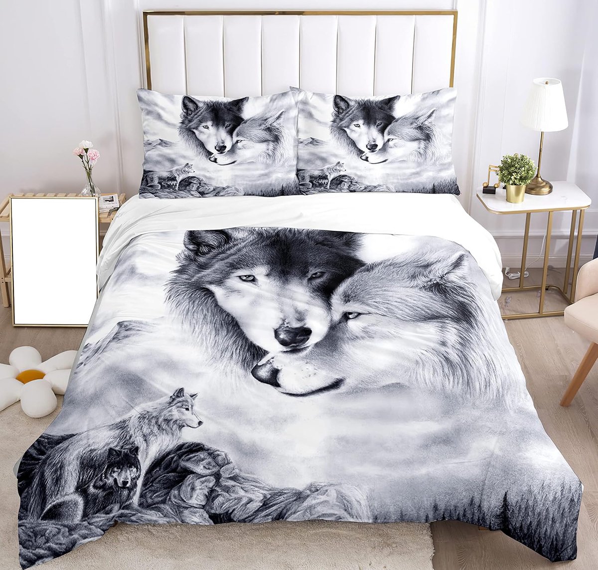 Beddengoedset, dekbedovertrek, 3D-motief, dromenvanger, 3-delig, microvezel, dekbedovertrek super zacht en ademend, wolf (twee wolvengrijs, 220 x 240 cm)