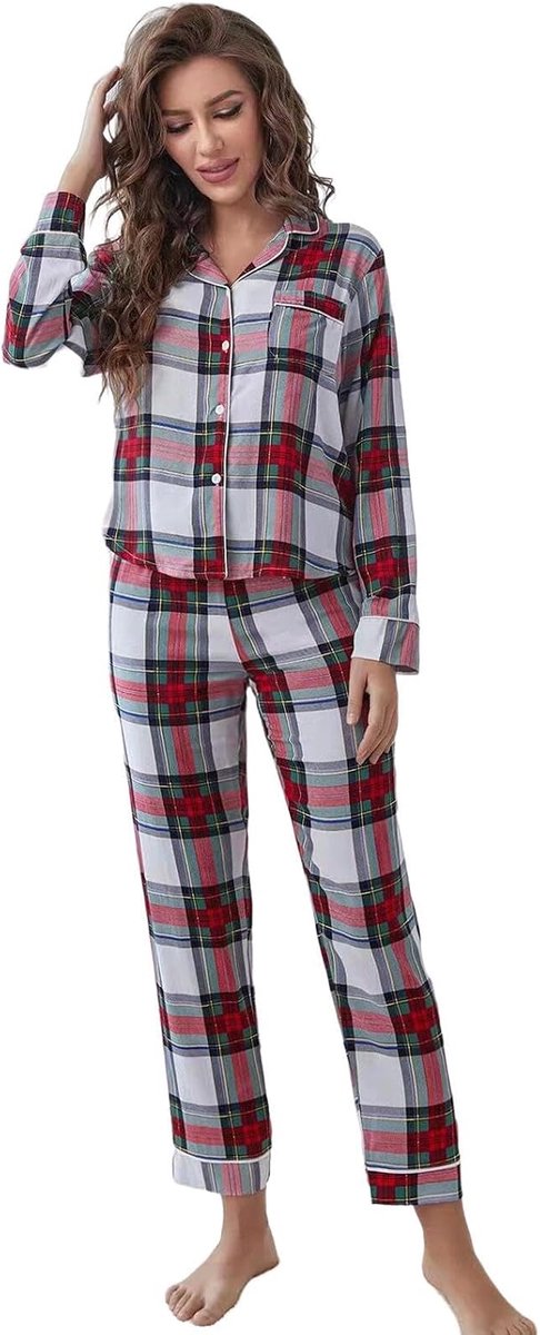 Pajama Set Women'S Fashion Plaid Long Sleeve Pajamas, Casual And Comfortable Loungewear, Cardigan Pajamas-A- S