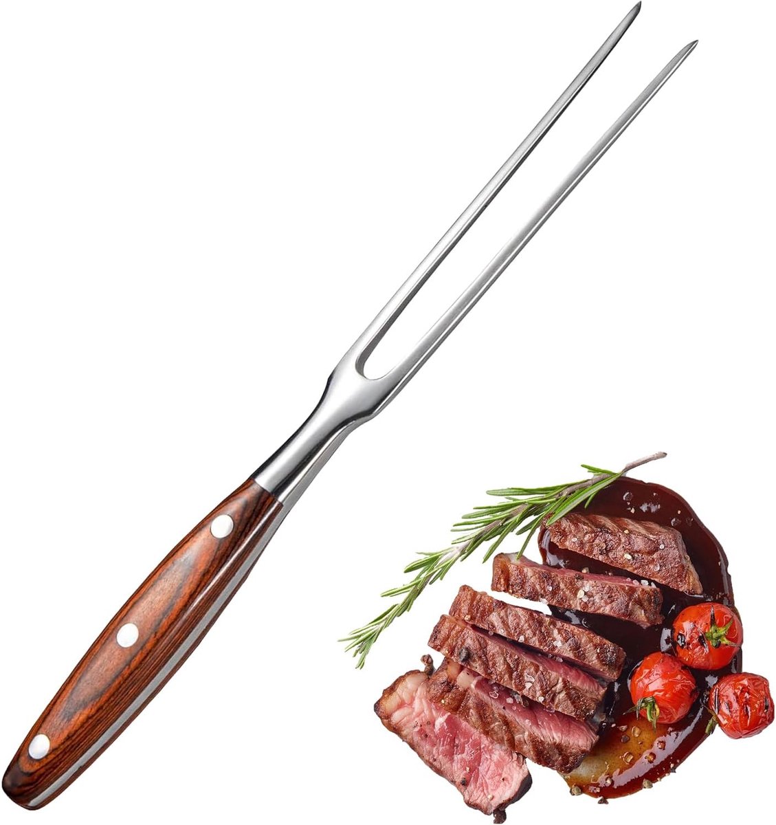 Vleesvork, 30 cm roestvrijstalen vleesvork met houten handvat, vleesvork roestvrij staal, voor steaks, braadkip en groenten, roestvrije braadvork met lange tanden om te draaien en vast te zetten