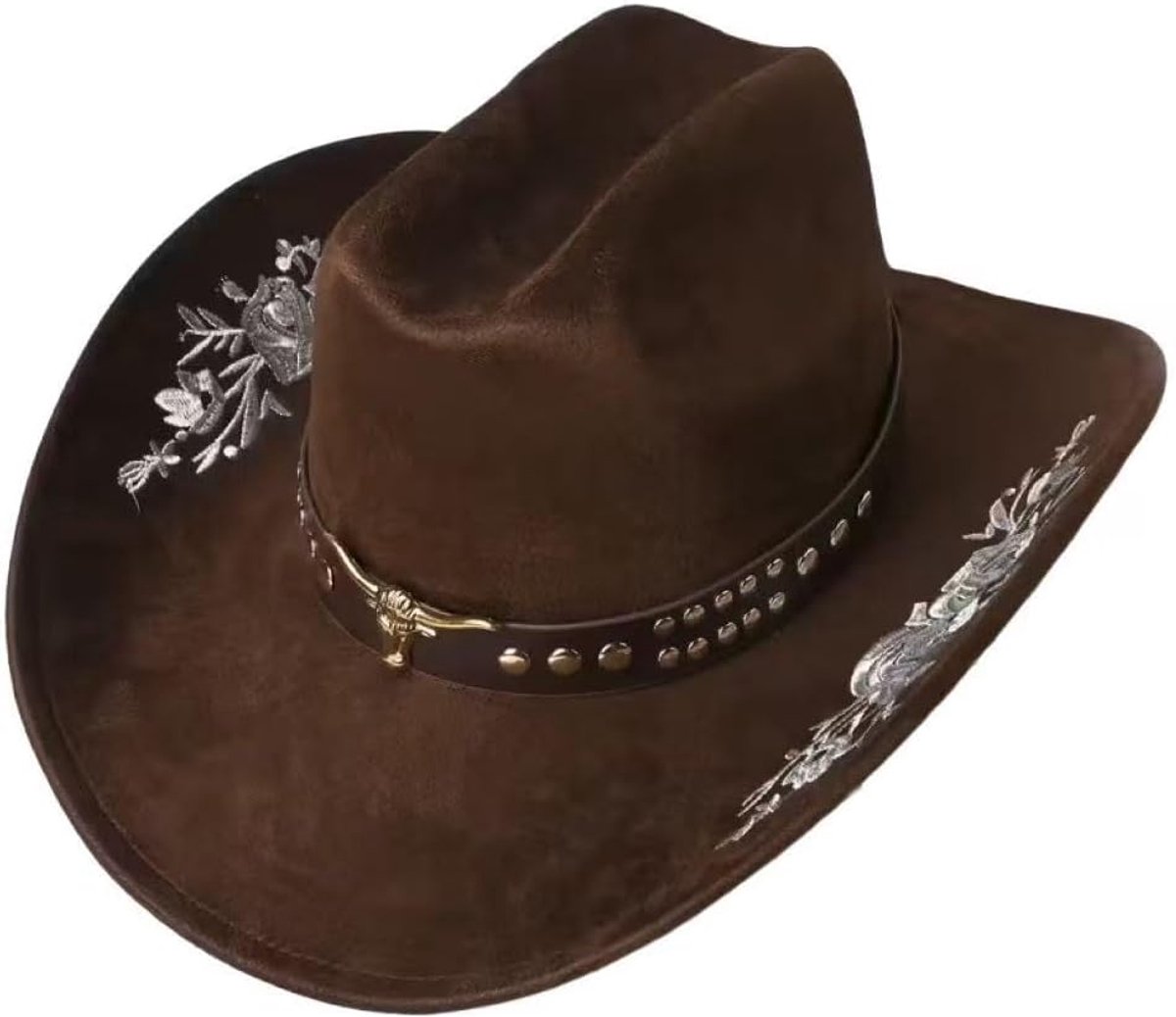 Suede Western Cowboyhoed Panama Hoeden Cowboy & Cowgirl Hoeden Vilt Brede Rand Cowboyhoed met Geborduurde Bloemen voor Vrouwen Mannen, Modieus en Stijlvol