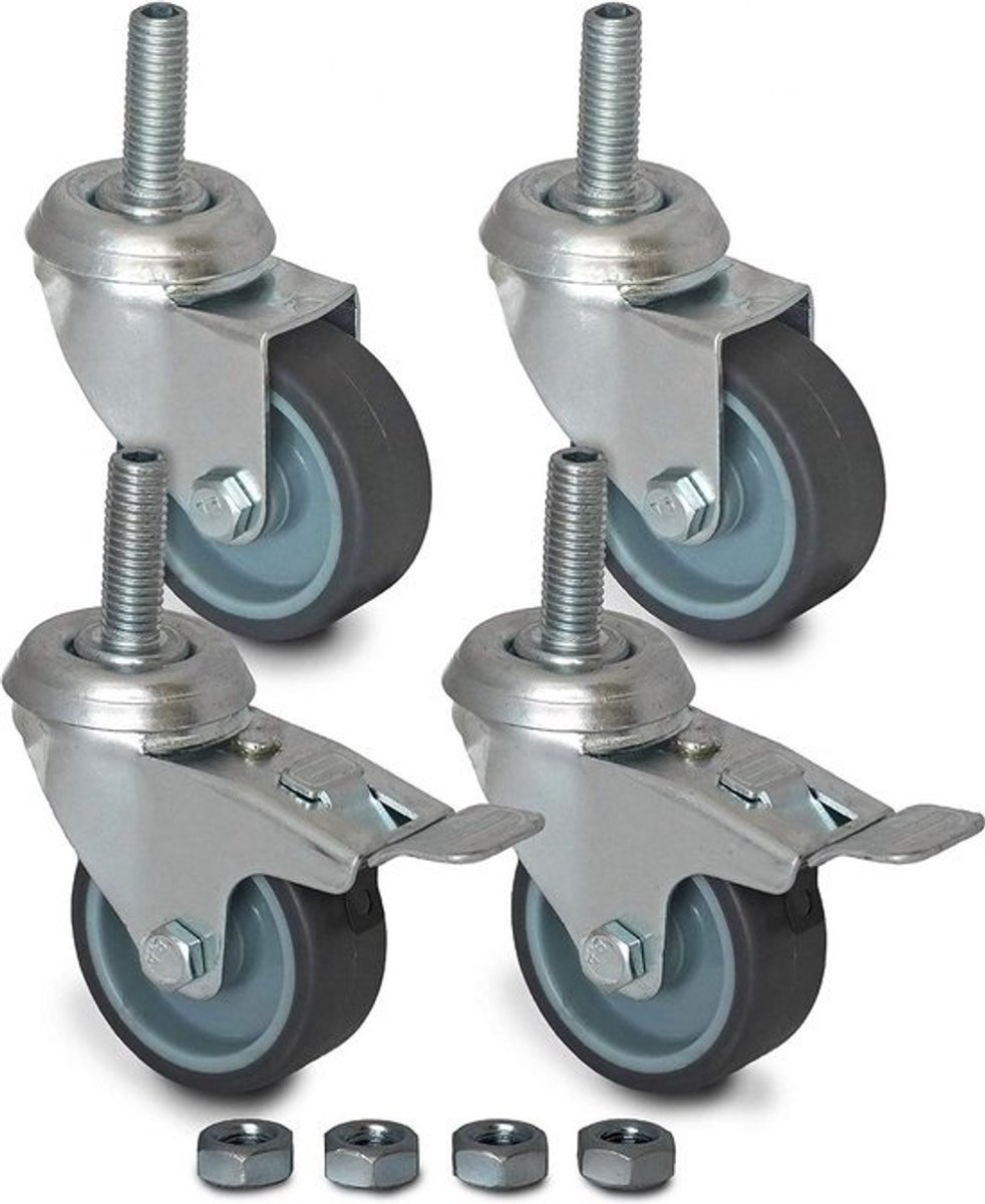 50 mm zwenkwielen met schroefdraad M10 schroefboutbevestiging - TPR-rubber - 2 geremd - 2 draaibaar