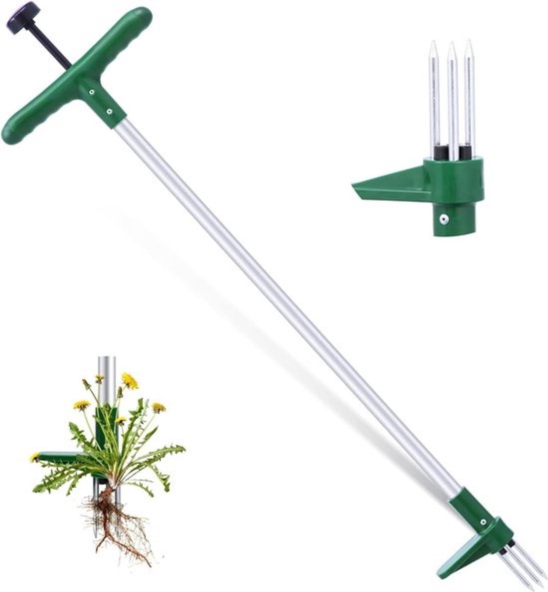 Weed cutter - Standing weed extractor 1m length with three pine and stainless steel pedals - Efficient weed removal - Handle included