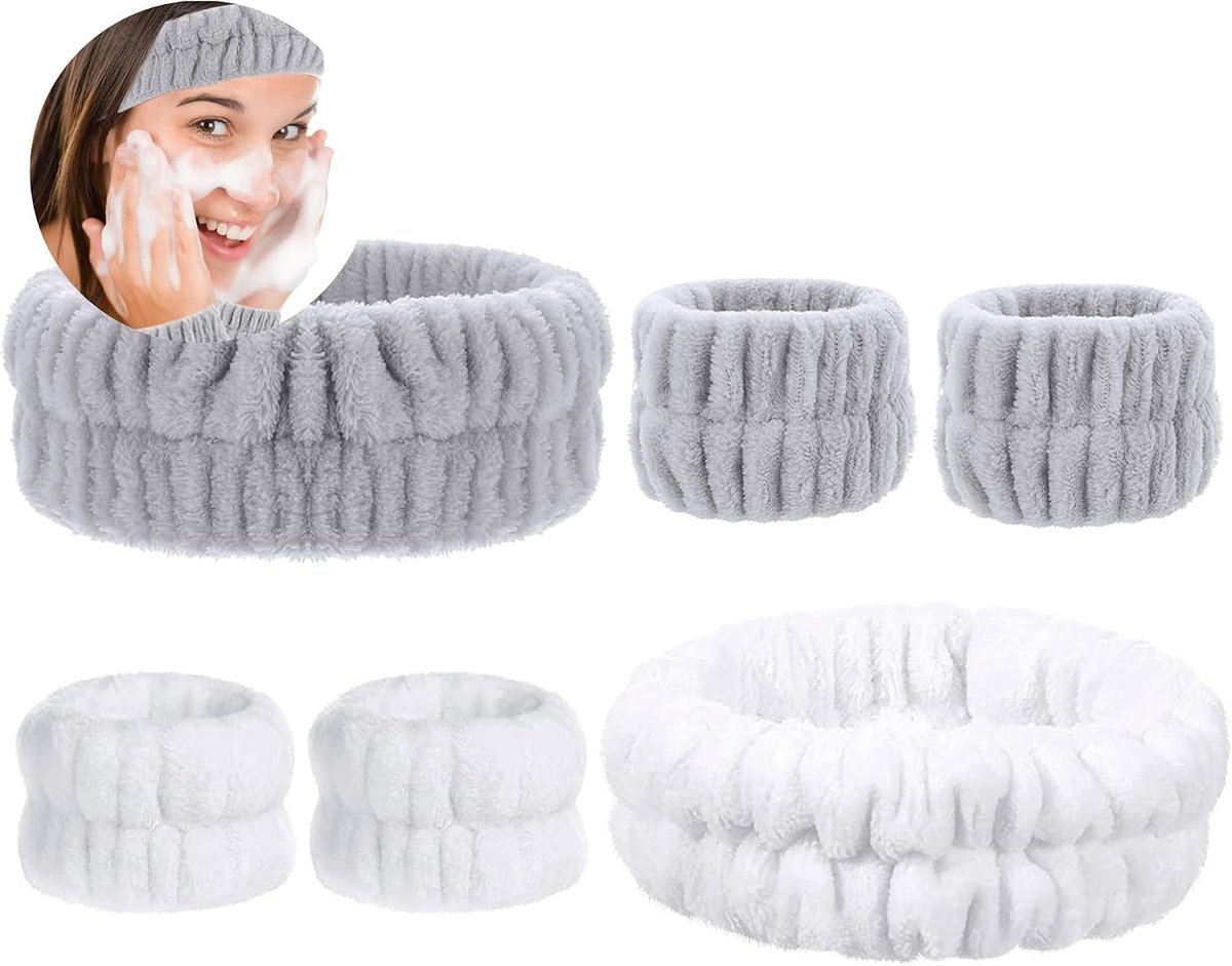 Set van 6 Absorberende Hoofdbanden en Polsbanden voor Make-up en Gezichtsreiniging, Elastische Skincare Accessoires in Wit en Grijs