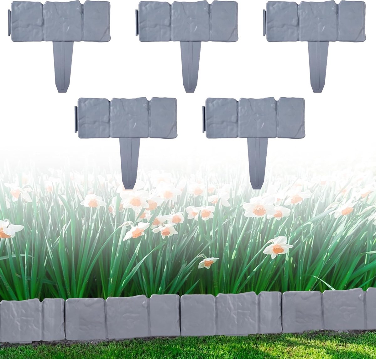 10 stuks tuinrand imitatie steen van kunststof, modulaire gazonranden, decoratieve tuinhek voor perken, opritten en gazon, grijs