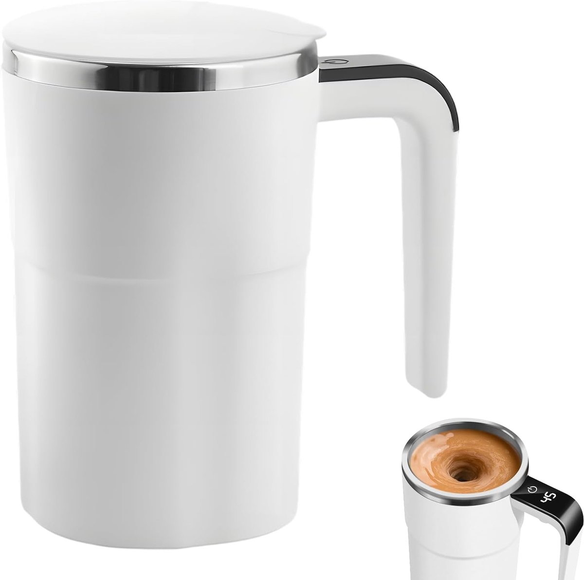 Zelfroerende koffiemok, elektrische zelfroerende mok, 380 ml, thermobeker met temperatuurweergave, automatische magnetische mixerbeker voor picknick, camping, hotel, wit