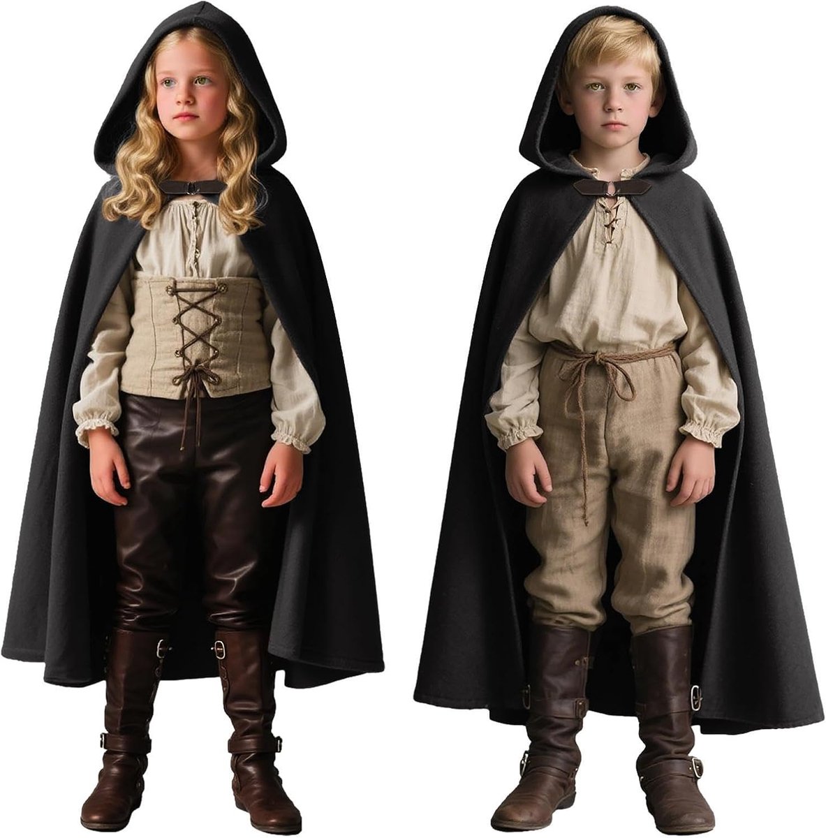 Cape met capuchon, renaissance-cape van kunstleer, met ringgesp, voor Halloween, party, cosplay, maskerade, zwart, S (110-130)