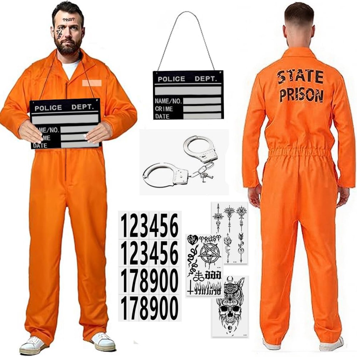 Oranje, voor heren en dames, gevangenenkostuum, prisoner-overall, kostuum met gevangenisaccessoires, gevangenisoutfit voor volwassenen, cosplay, Halloween, carnaval