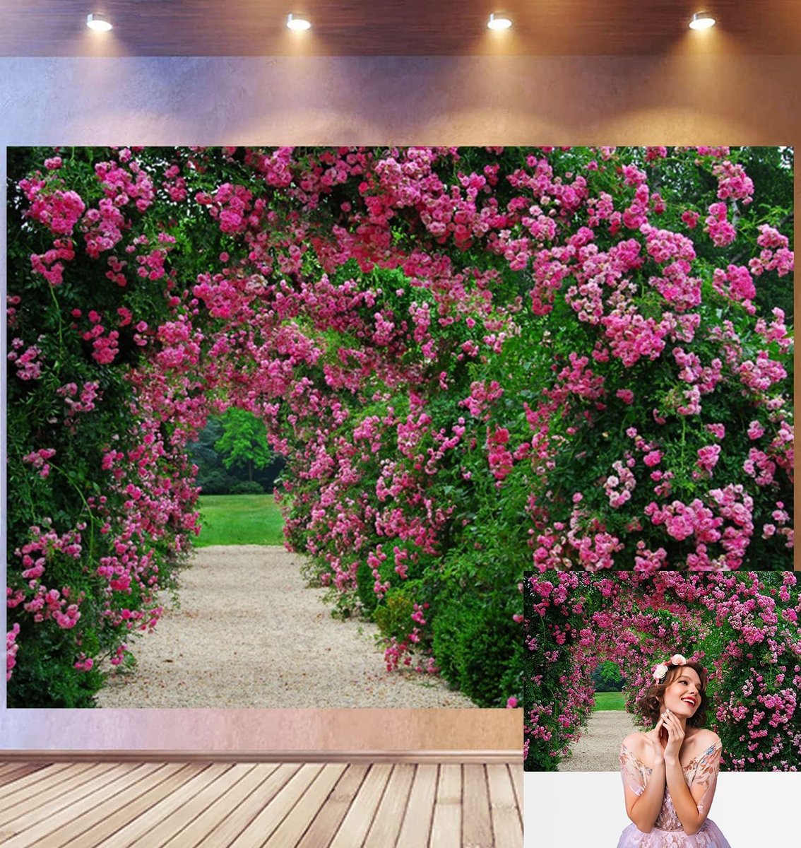 2,2 x 1,5 m fotoachtergrond, roze boog, kiezelpad, luxe bloemen, zomergroen, romantische bruiloft en outdoor achtergrond, Pro-studieaccessoire voor koppels en reizen