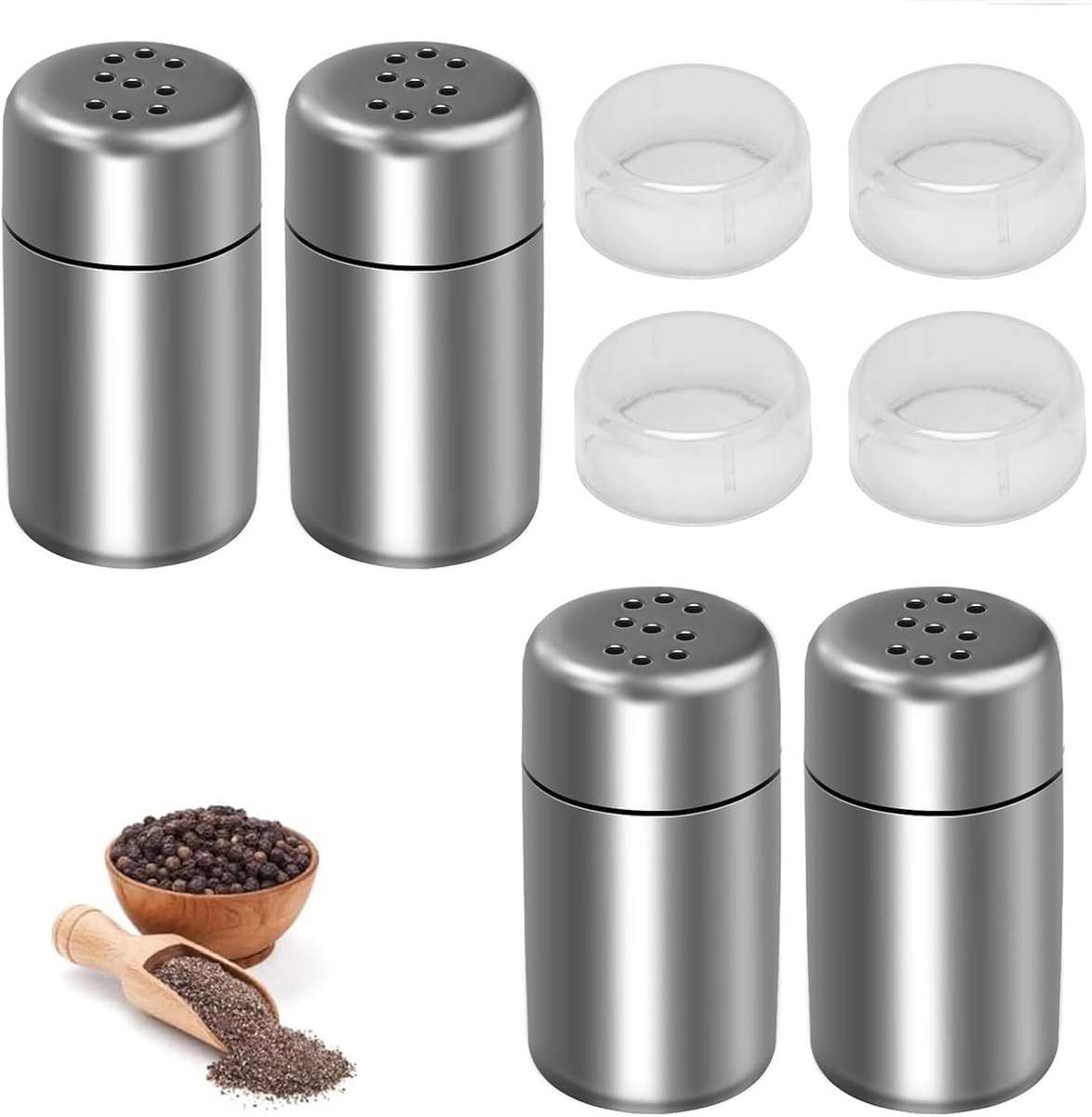 Zoutshakersets, 4 stuks roestvrijstalen zoutshakerset, mini draagbare kruidenpotten met doorzichtig deksel, reiscruetset voor thuis, keuken, camping, barbecue, restaurant