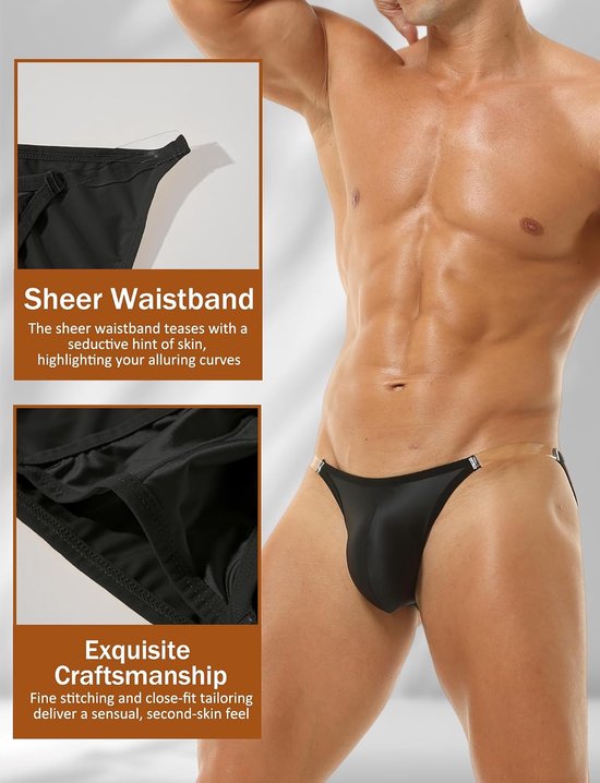 Satijnen slips voor heren, lage taille, hipster, ondergoed, transparante bandjes, tailleband, maat XS-XL — afbeelding 3