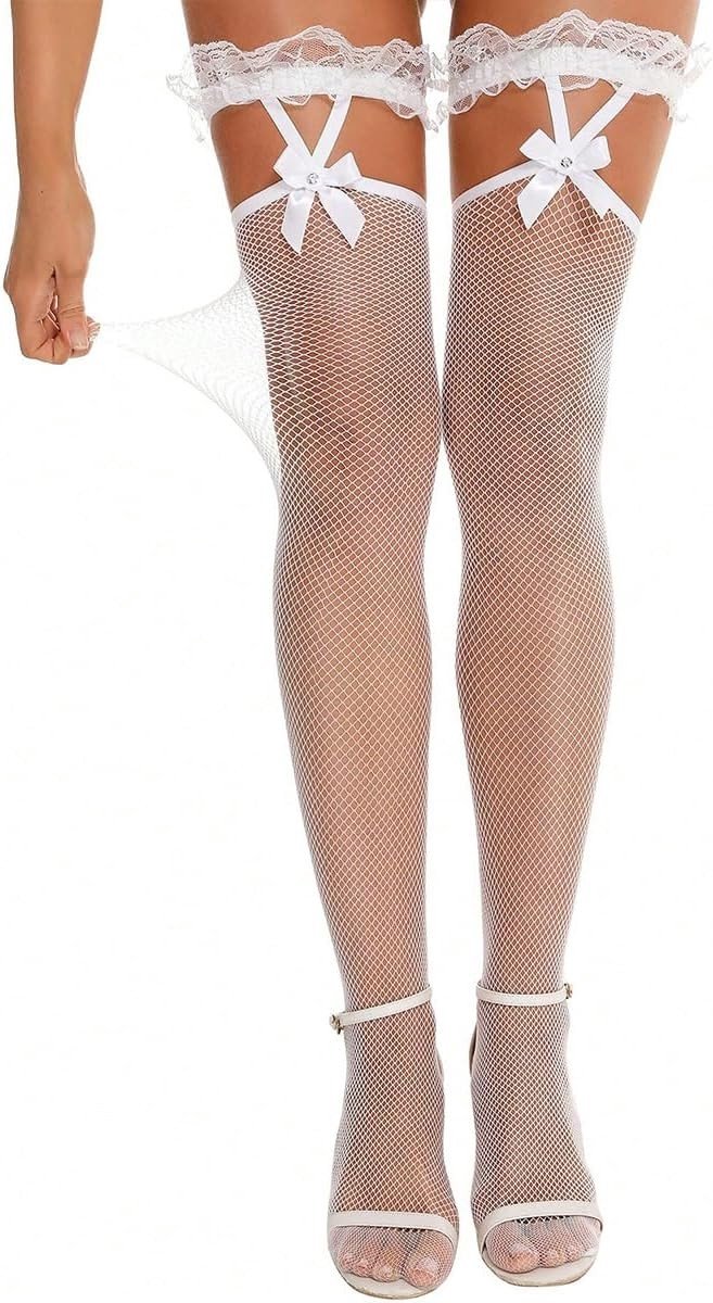 Zwarte en Witte Visnet Kousen met Kant, Strapless Overknee Lengte, Perfect voor Feestjes en Speciale Gelegenheden
