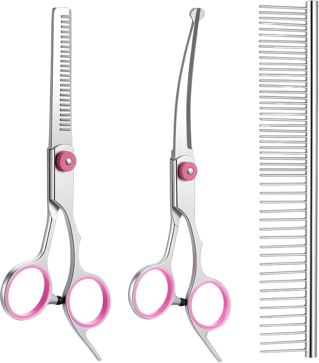 Set van 3 hondenschaars, gebogen schaar, vachtschaar, hond, katten, uitdunschaar, vachtverzorgingskam, grooming schaar, hondenverzorgingsschaar, set voor honden voor katten