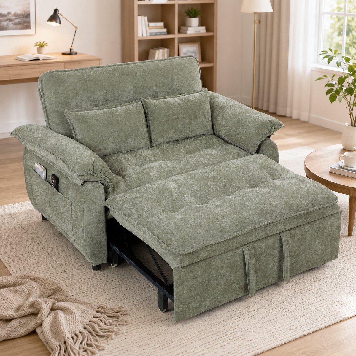 ECTEATOY Slaapbank 2 persoons - 2-zitsbank 3-in-1 van velours - met verstelbare rugleuning - 2 kussens - Lichtgroen - 137 cm