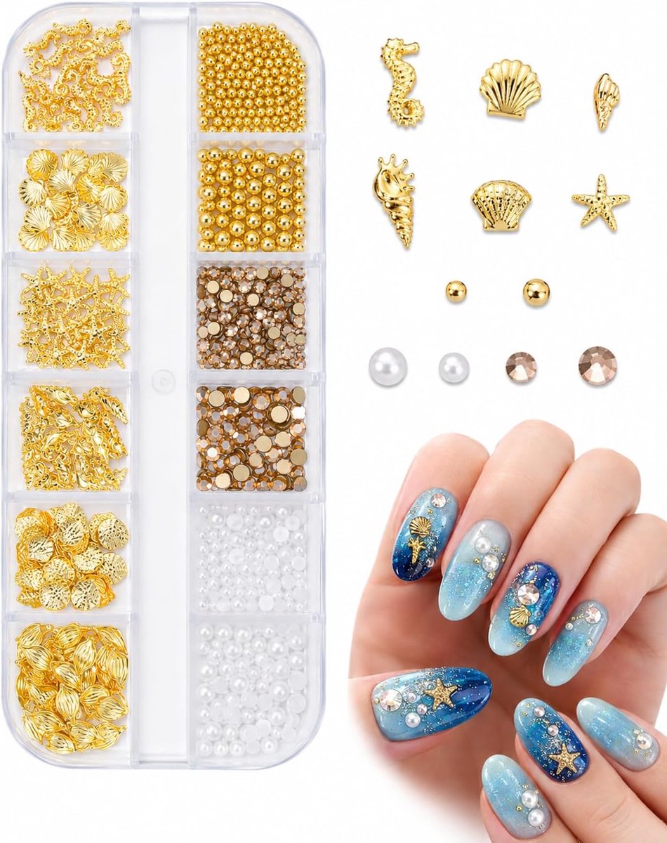 Charms Oceaan, 1 doos nagelkralen & strass voor zomer, nageldesign accessoires, bedels, nagelschelpen voor creatieve doe-het-zelf manicure, gelnagels, nail art decoratie