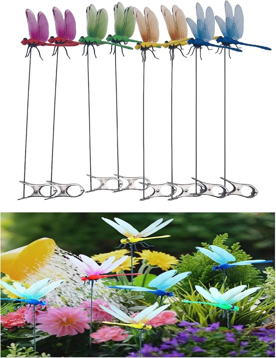 3D-decoratieklemmen voor buiten, Libellenhoed, Libellenclip, Tuinsteker, Tuindecoratie voor buitenterras en bloempotten (8 stuks), Kleuren: Rood, Geel, Blauw, Groen