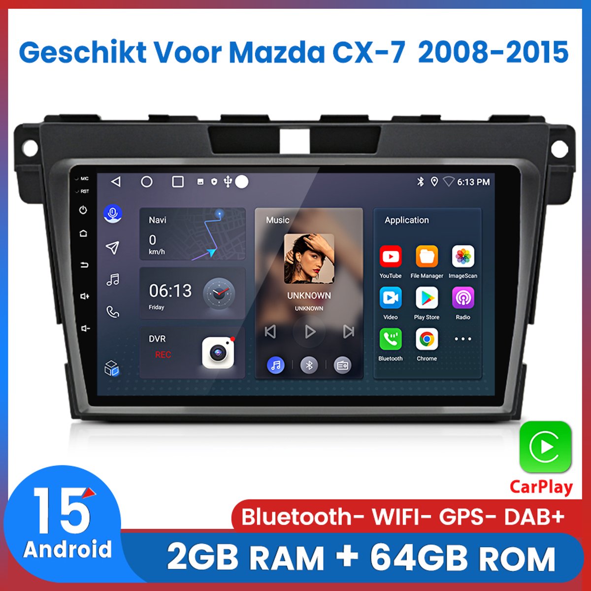 Awesafe Autoradio - Geschikt Voor Mazda CX-7 2008 t/m 2015 - Ram 2GB + Rom 64GB - Draadloos Apple Carplay & Android auto - Android 15.0 Systeem - GPS Navigatie Bluetooth WIFI - 2009 2010 2011 2012 2013 2014