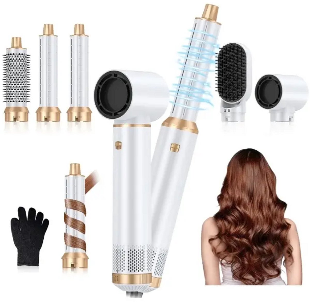 UKLISS Witte multifunctionele 5-in-1 heteluchtstyler – Combineert krultang, stijltang en stylingtechnologie op basis van luchtstroom – Zorgt voor glad haar met veel volume – Inclusief 5 opzetstukken en een opbergetui.