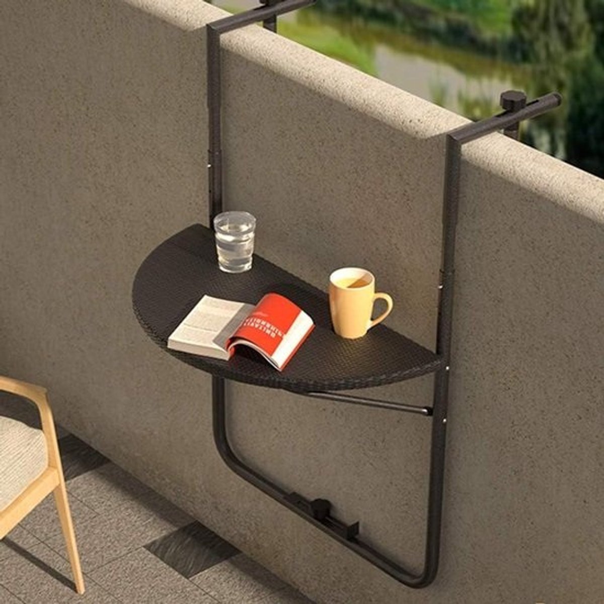 Inklapbare bijzettafel - Balkontafel leuning - Buiten genieten - In 3 hoogtes verstelbaar - 60 x 64 cm - Zwart