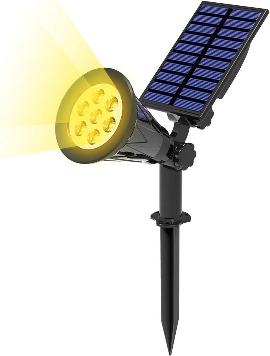 Solar Buitenverlichting 3000K Geel Licht, Zonnelampen voor Tuin Twee Verlichtingsmodi Auto aan/uit, 7LED Waterdicht Veiligheidsverlichting Solar Straatlantaarn voor Tuin, Binnenplaats, Gazon