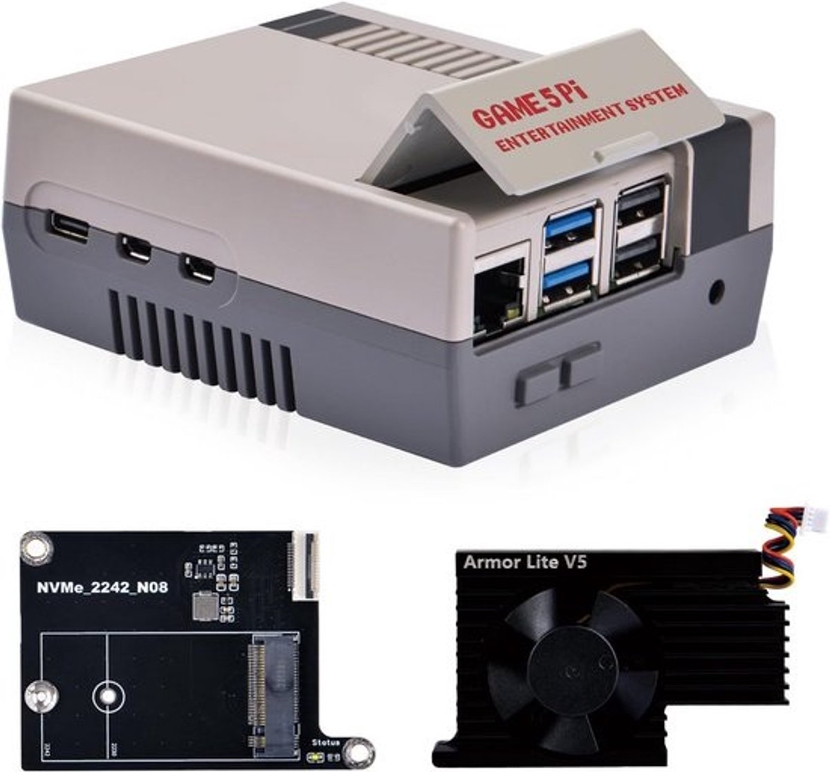 Retro Game Behuizing voor Raspberry Pi 5 met NVMe SSD M.2 en Actieve Koeling