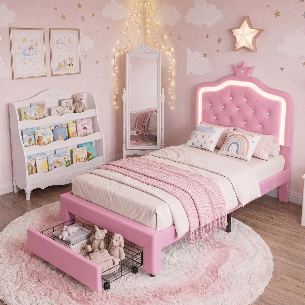Yelenaro Gestoffeerd kinderbed 90x200 cm met LED-verlichting, prinsessenbed met opberglade, Meisjesbed met verstelbaar hoofdeinde, kroonbed, eenpersoonsbed, roze, PU, zonder matras
