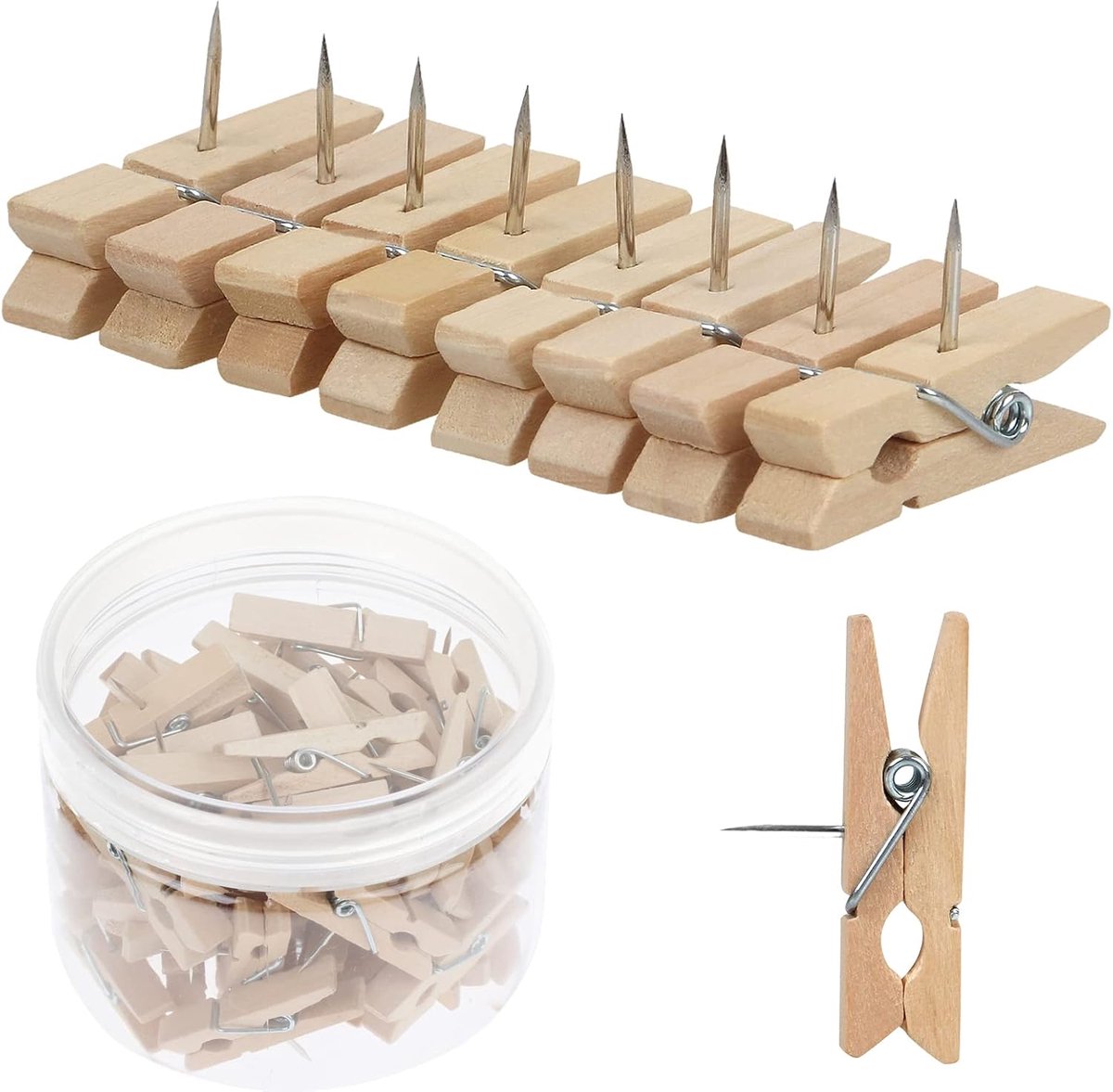 Fotoklemmen - 50 stuks - Houten punaises - Geschikt voor prikborden en kurkborden - Te gebruiken voor het vasthouden van foto's, notities en documenten - Natuurlijke houtkleur