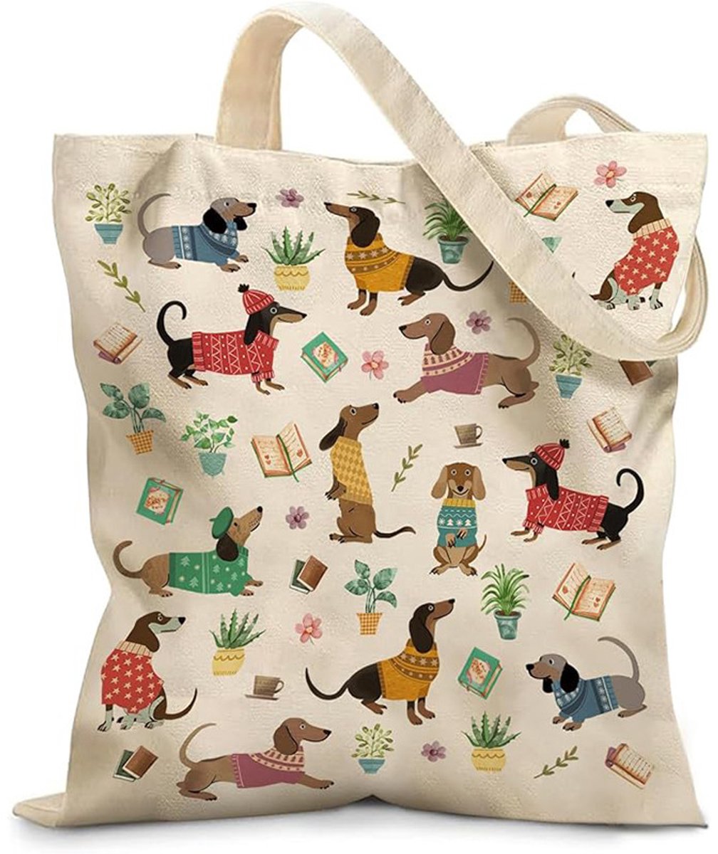 Cadeau voor vrouwen – Stijlvolle canvas tas – Voorzien van leuke ontwerpen – Herbruikbare boodschappentas – Ook te gebruiken als modeaccessoire of decoratief item – Dessin met hondenthema