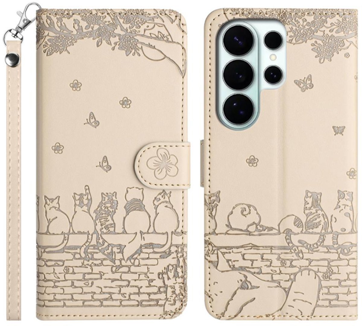 BookCover Hoes Etui geschikt voor Samsung Galaxy S26 ULTRA - Beige - Katten op Muurtje - Reliëf