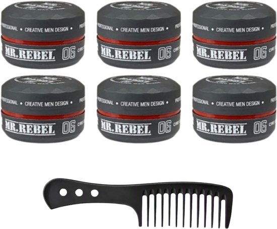 Zes potten Mr. Rebel 06 stylingwax en één zwarte kam.